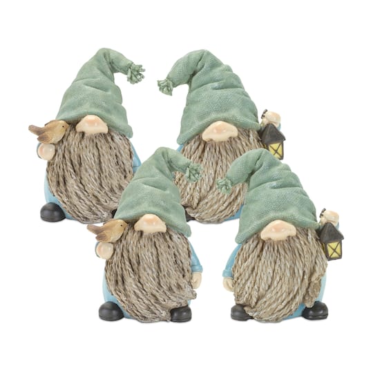 6.25" Faux Stone Garden Gnomes with Bird & Lantern Figurines Set